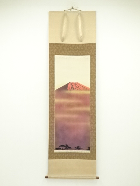 JAPANESE HANGING SCROLL / HAND PAINTED / RED FUJI / ARTIST WORK